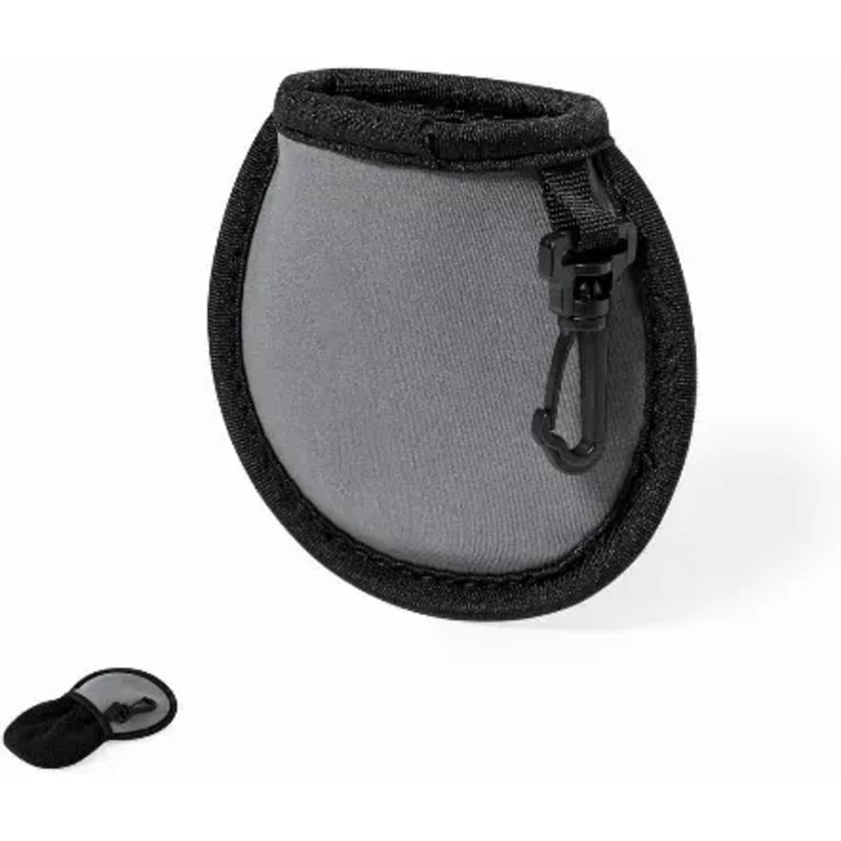 A grey drink bottle holder with a black trim and a carabiner clip, alongside a detachable cap cover.