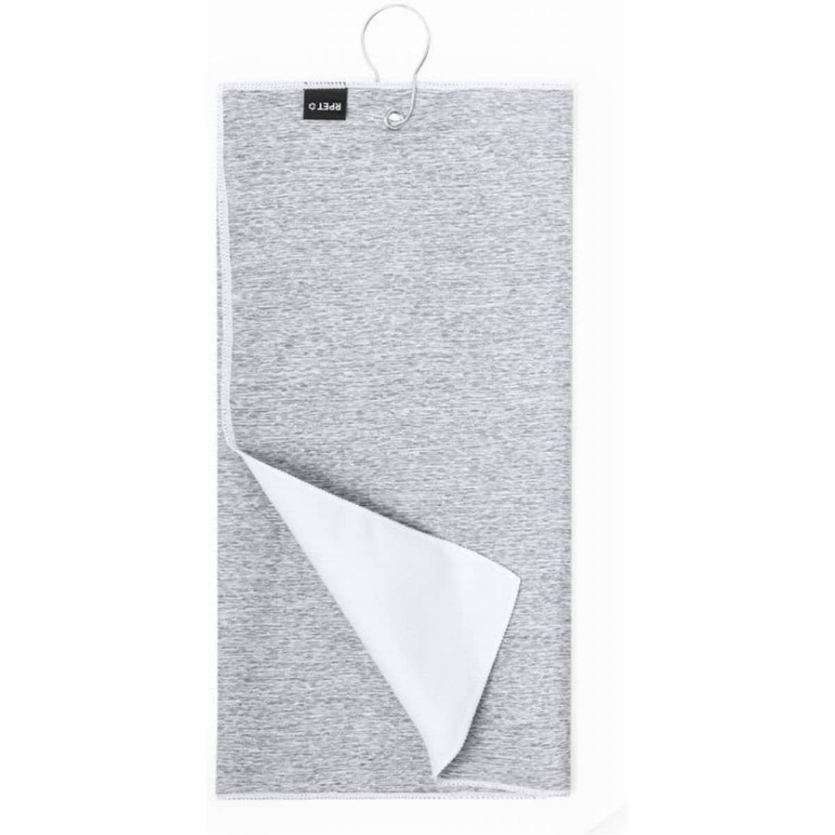 A grey dish towel with a white underside, featuring a loop for hanging and a small logo tag.