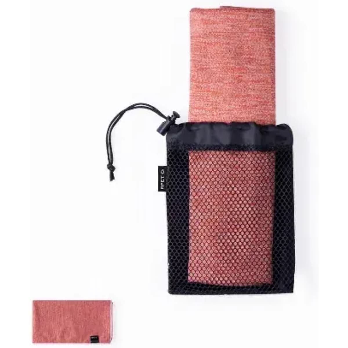 A compact, rolled-up red towel in a black mesh storage pouch, featuring a drawstring closure.