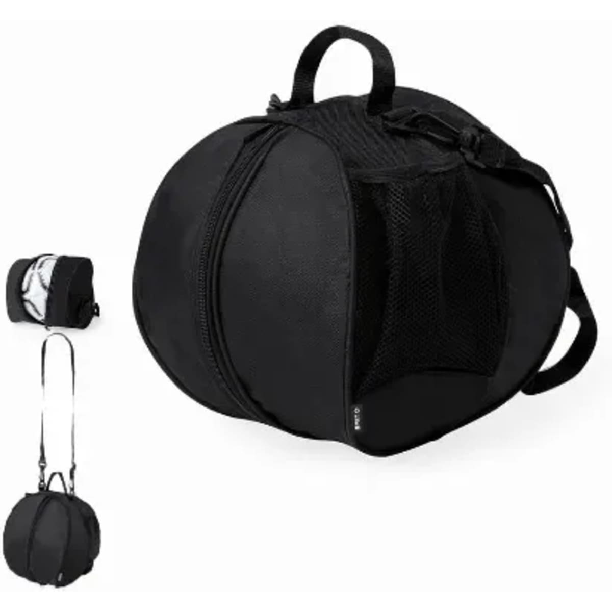 A round black carry bag with a mesh panel, featuring a zippered compartment and adjustable straps.