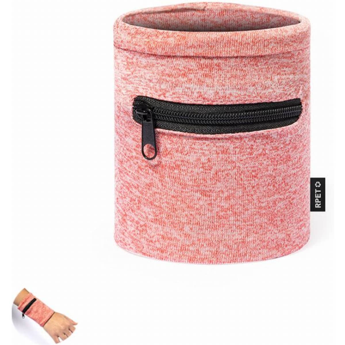 A pink drink bottle holder with a zippered pocket, featuring a soft texture and a branding label.