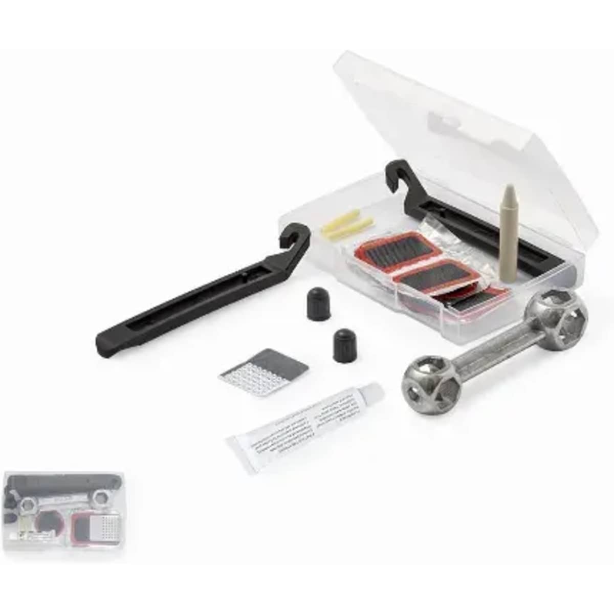A repair kit featuring various tools, patches, and adhesive in a clear case with a black handle.