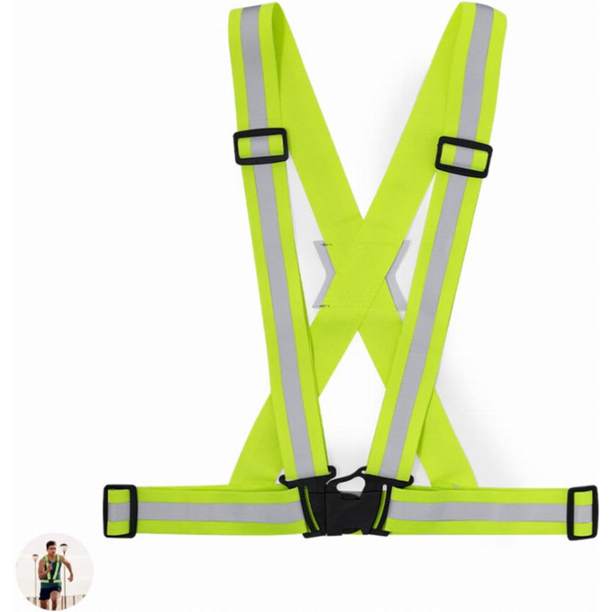 A bright yellow safety harness with reflective strips and adjustable straps, featuring a central buckle.