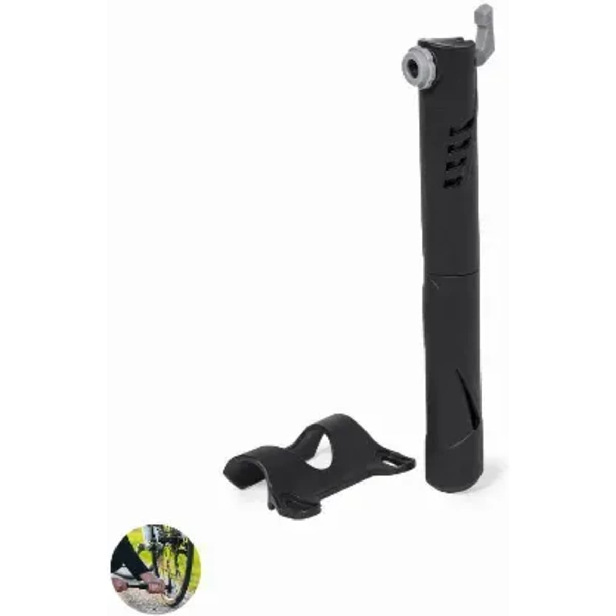 A black bicycle pump with a mounting bracket, designed for easy attachment to a bike frame.