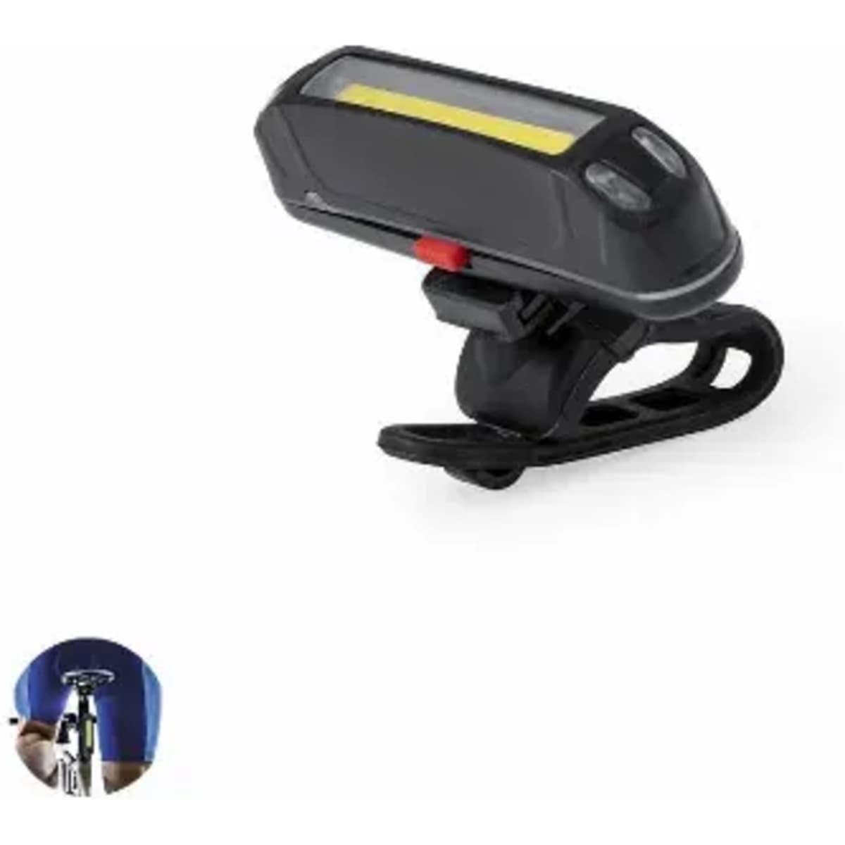 A bicycle light with a black casing and a yellow LED strip, featuring a mounting clip and two buttons.