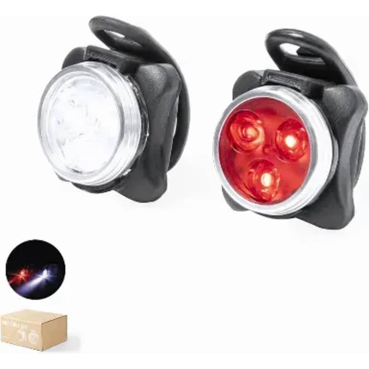 A set of two bike lights, one white and one red, with a black mounting clip. Each light features multiple LEDs.