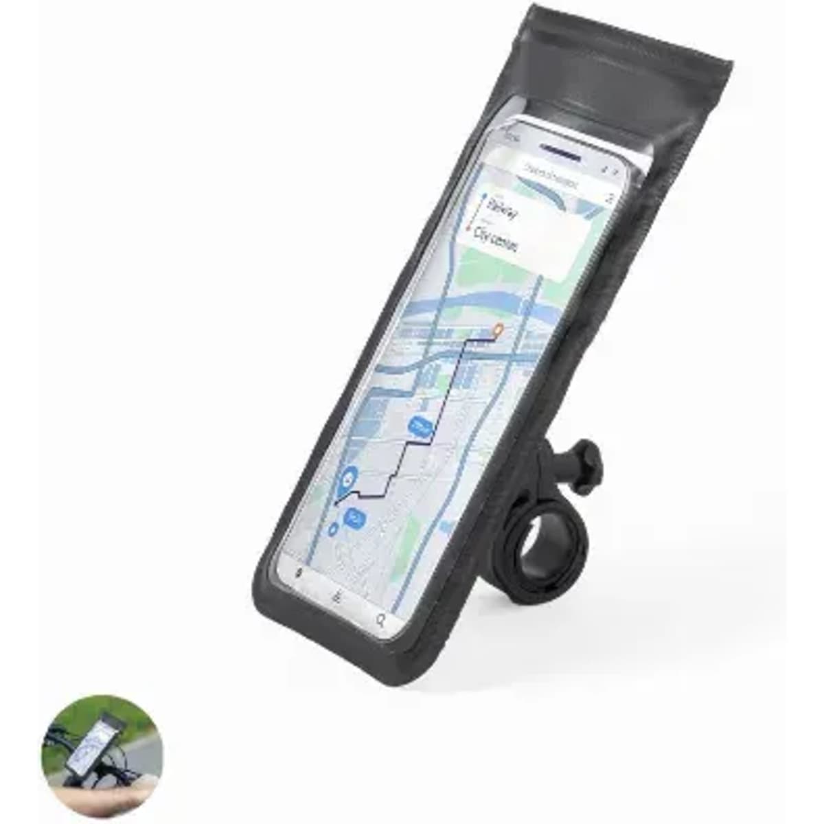 A phone holder with a clear, waterproof pouch in black, displaying a map on the phone screen.