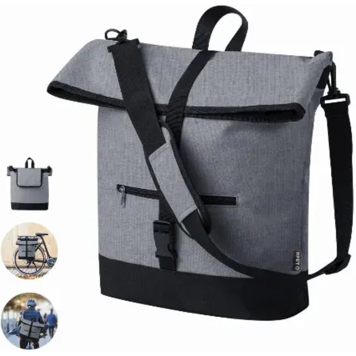 A grey and black messenger bag with a roll-top closure, featuring an adjustable strap and multiple compartments.