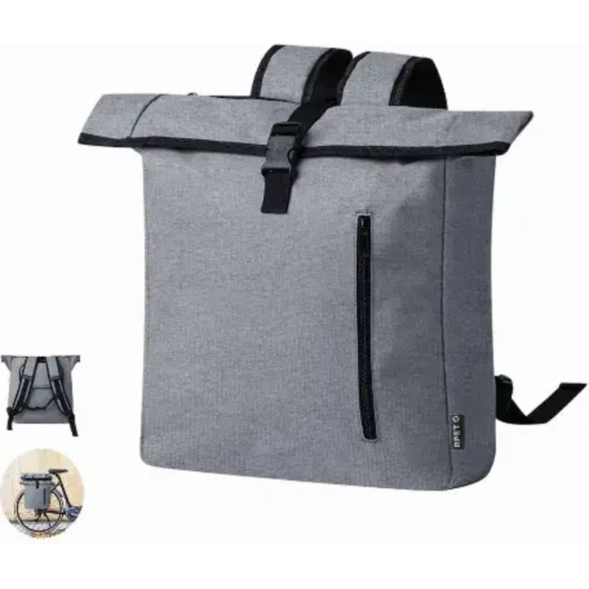 A grey backpack with a roll-top design, featuring adjustable straps and a front zip pocket. It has a logo on the side.