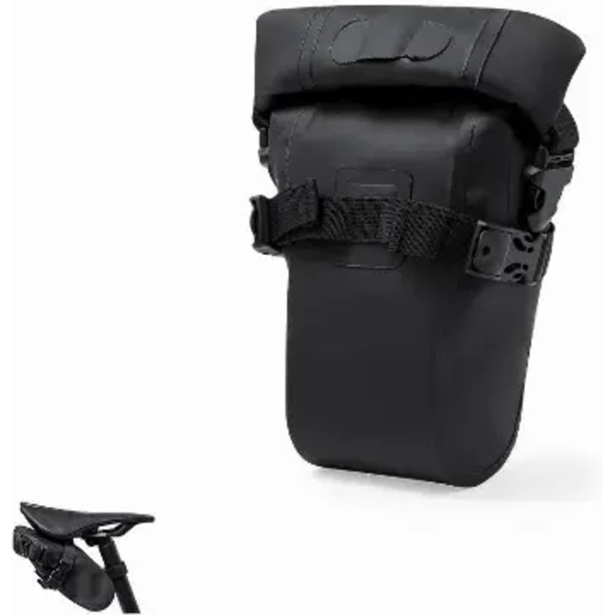 A bike saddle bag in black, featuring a roll top closure and adjustable straps. It has a sleek, waterproof design.
