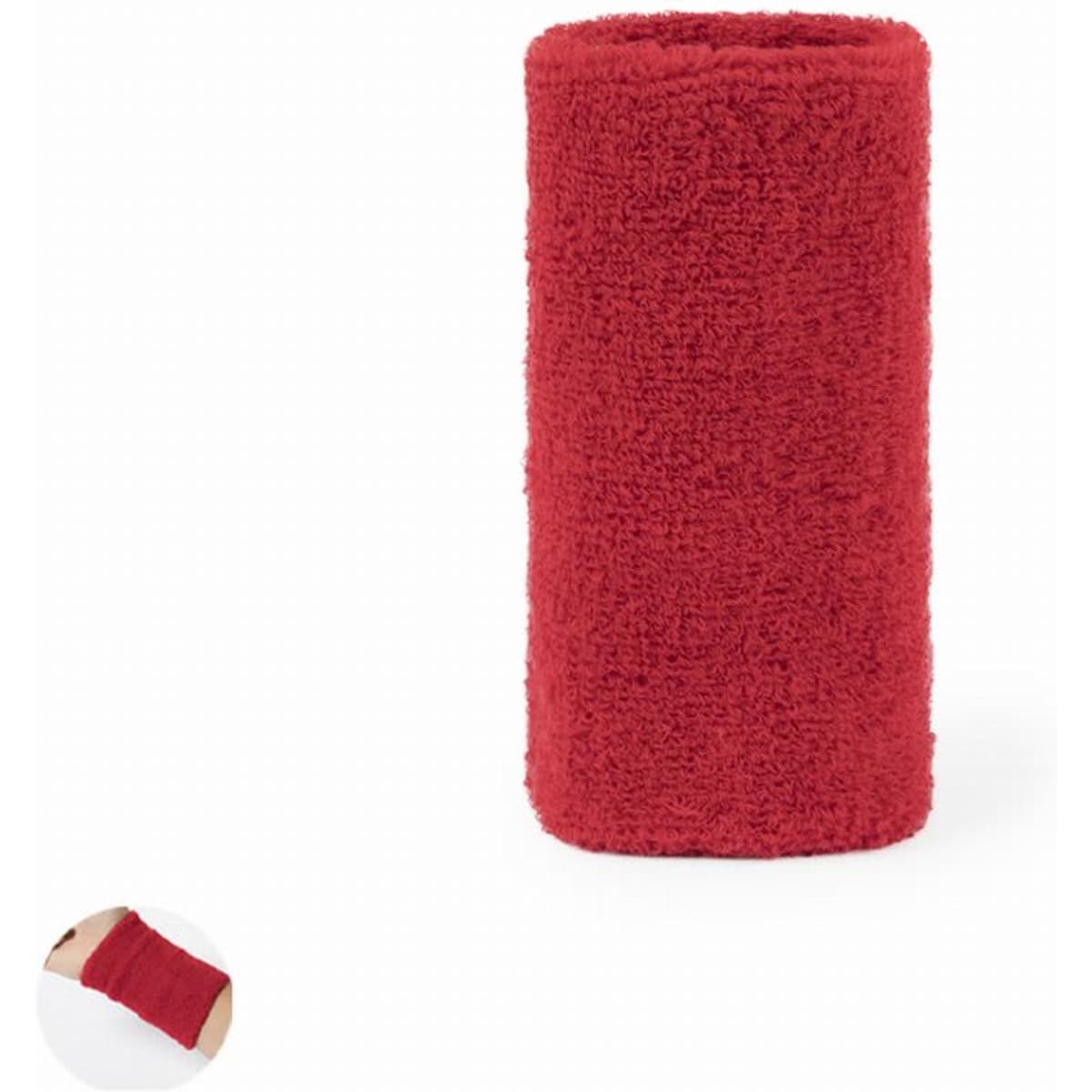 A red fitness sweatband made of soft terry material, featuring a logo.