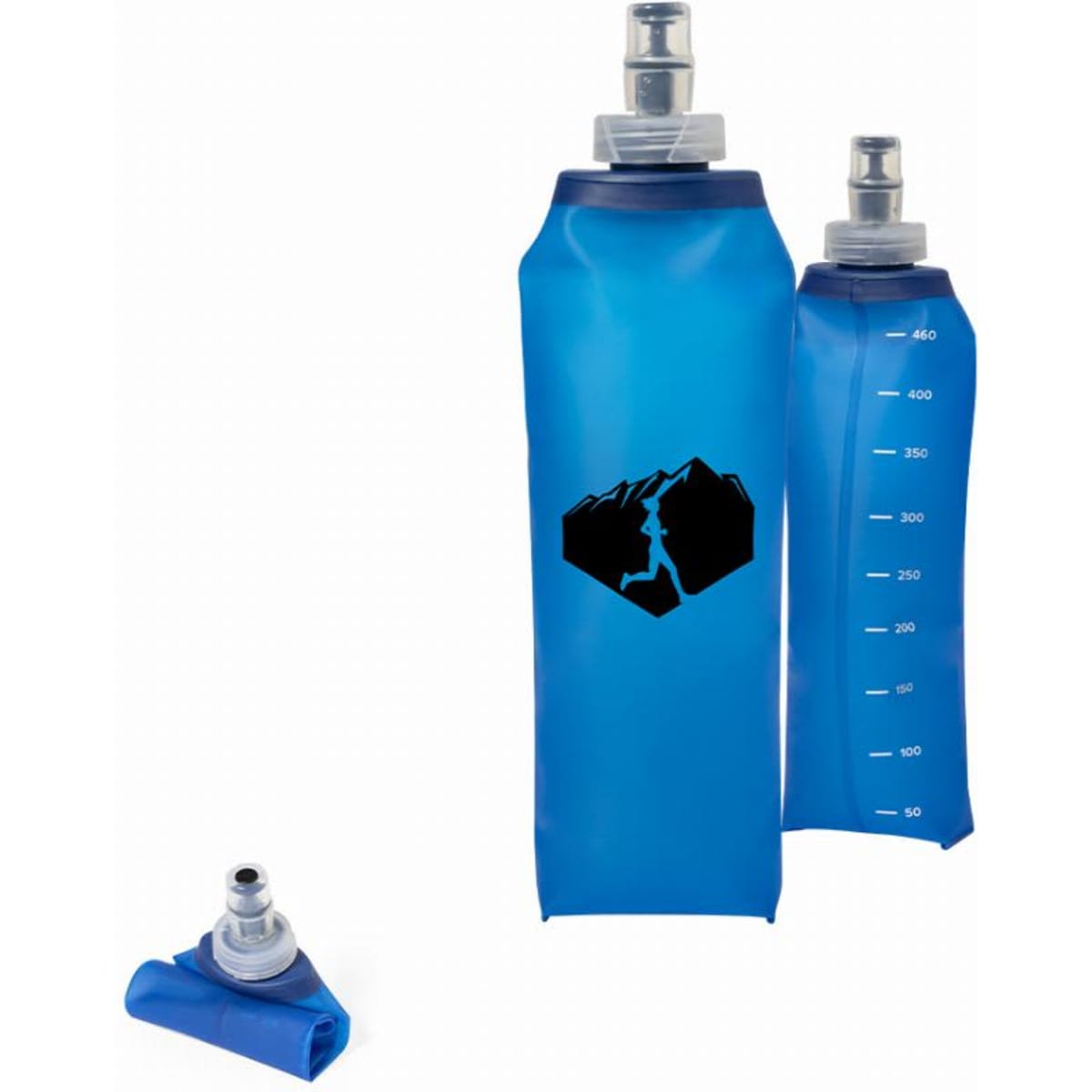 A drink bottle set featuring a blue design, with a logo and two different sizes for hydration.