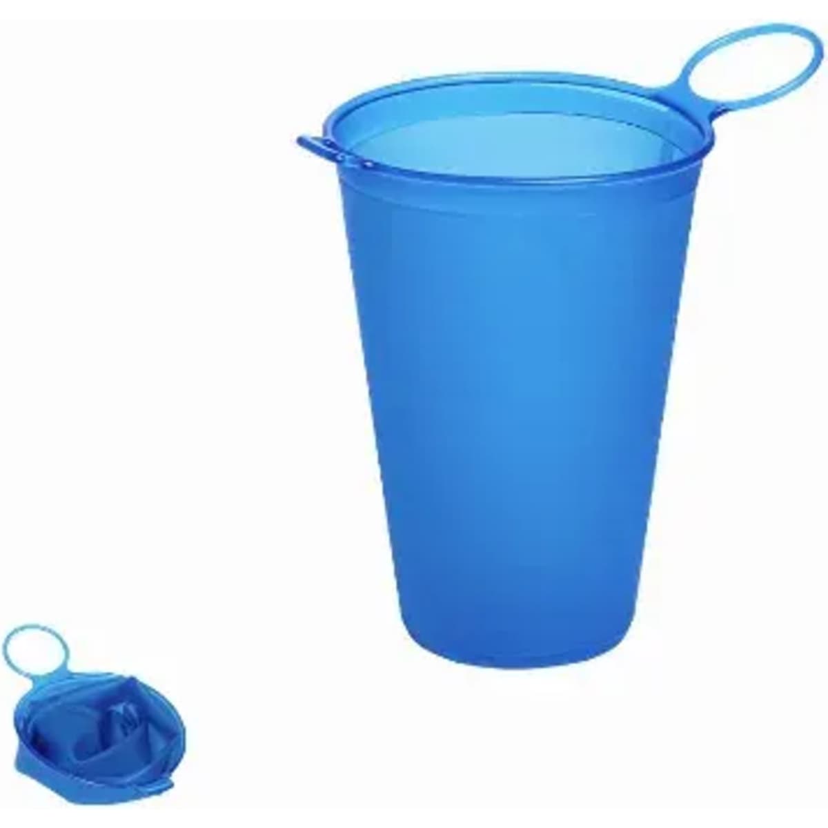 A blue drink bottle with a flexible design, featuring a handle for easy carrying. It includes a folded version beside it.