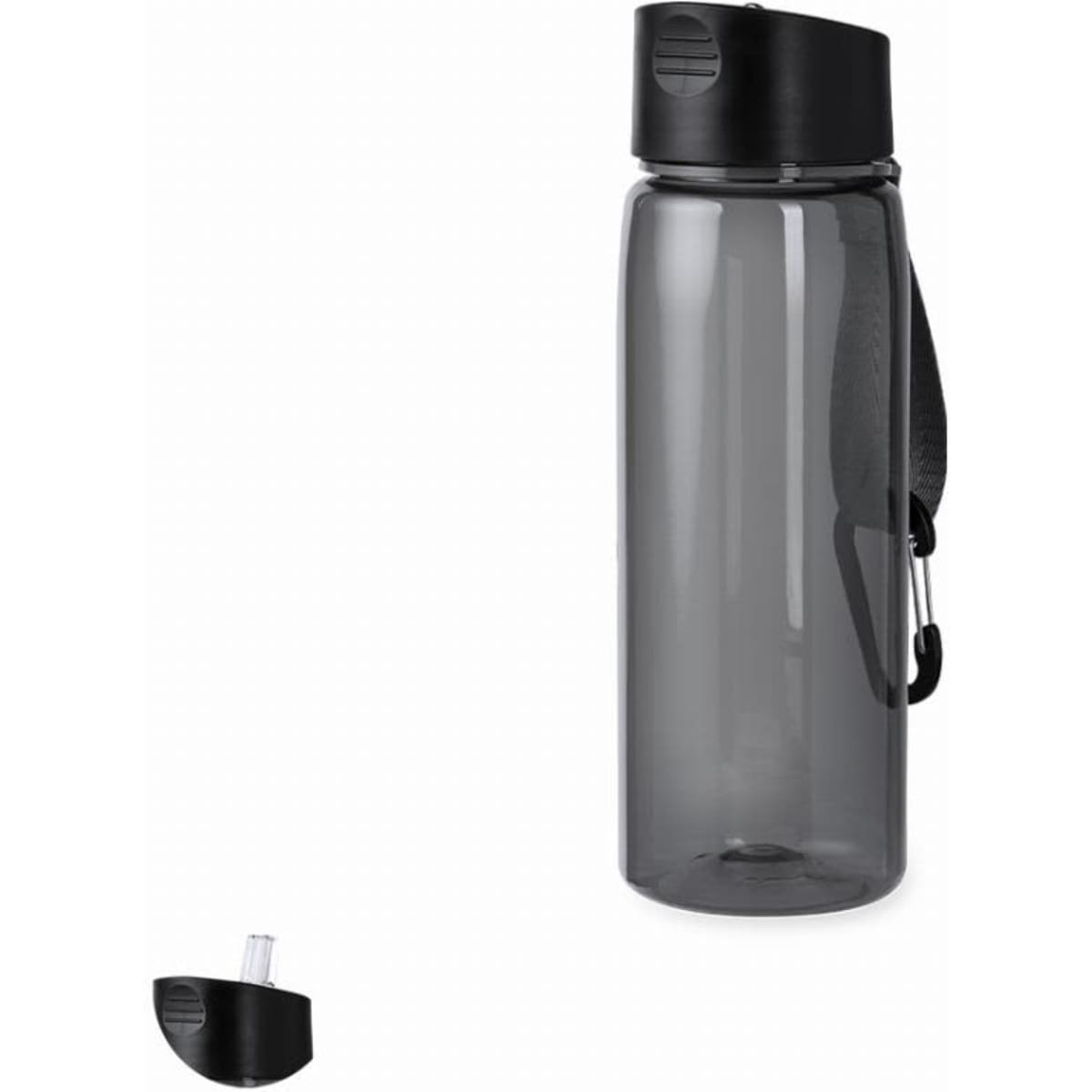 A drink bottle in transparent grey with a black lid and a removable nozzle, featuring a carrying strap.