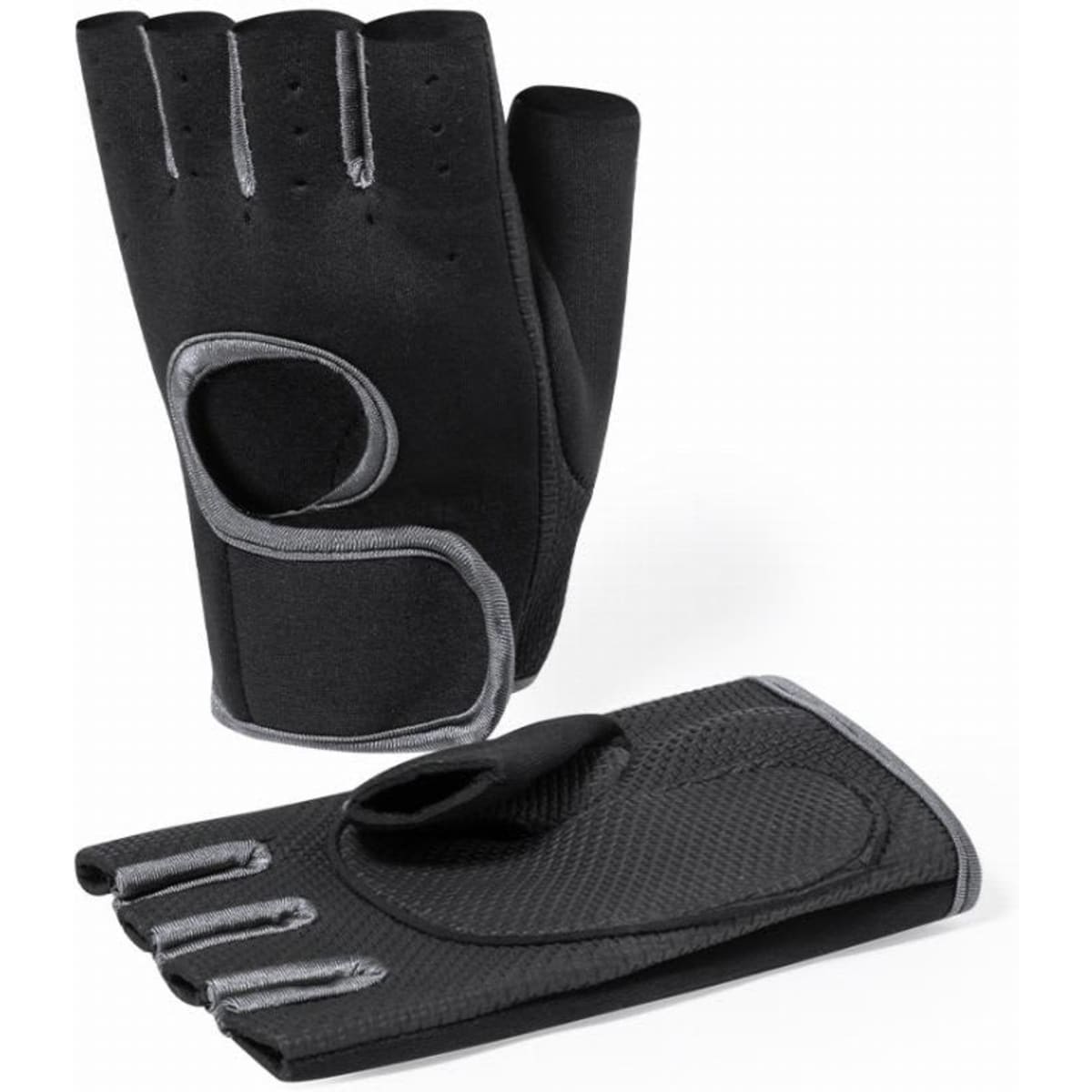 A pair of black workout gloves with grey accents, featuring an open-finger design for grip.