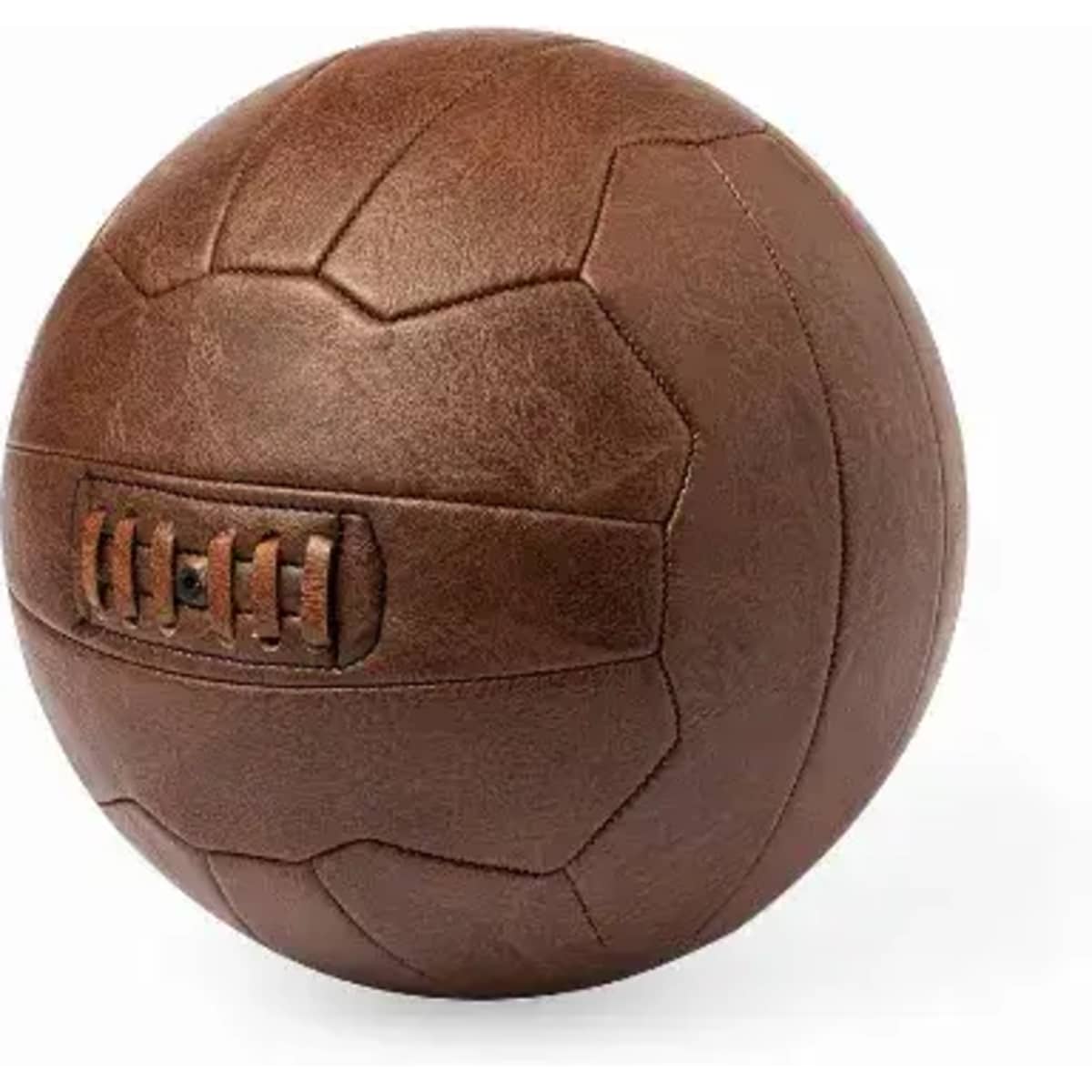 A brown leather ball with a distinctive design, featuring stitched details and grooves on the surface.