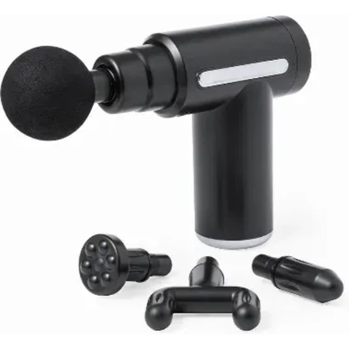 A black massage gun with four interchangeable heads for muscle relief. The device features a sleek design and a logo.