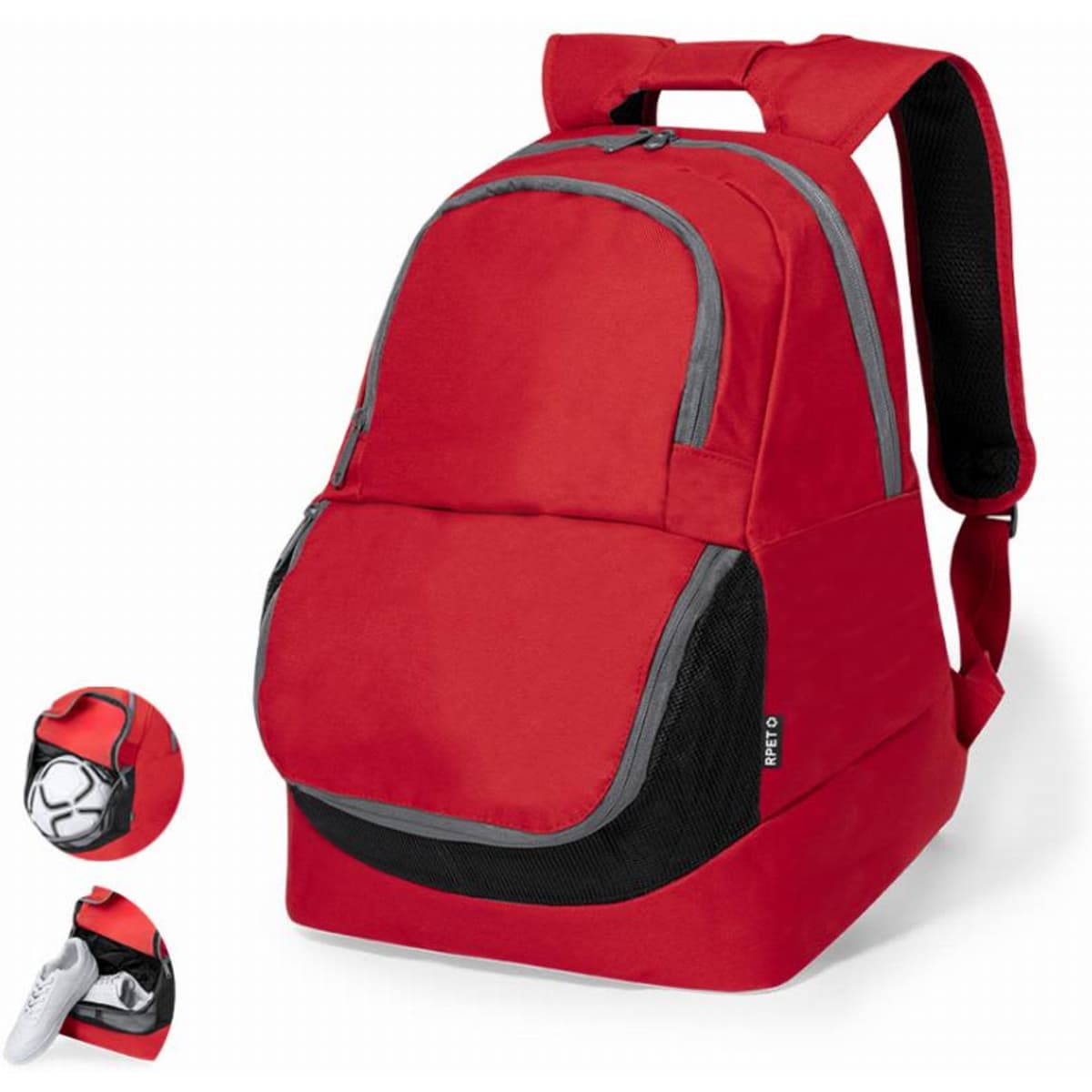 A red backpack with grey accents features a front pocket and side compartments for items. It has adjustable straps and a logo.