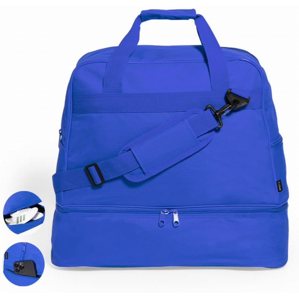 A blue travel bag with handles and a detachable shoulder strap, featuring a zippered compartment.