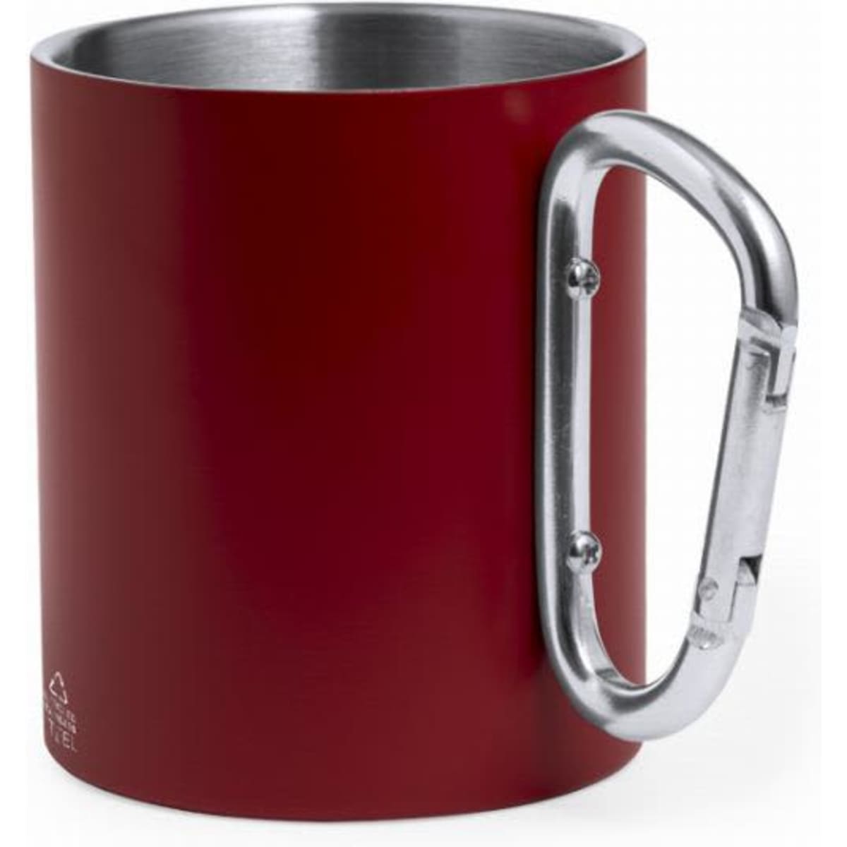 A red drink mug with a stainless steel interior and a silver carabiner-style handle. It has a logo on the side.
