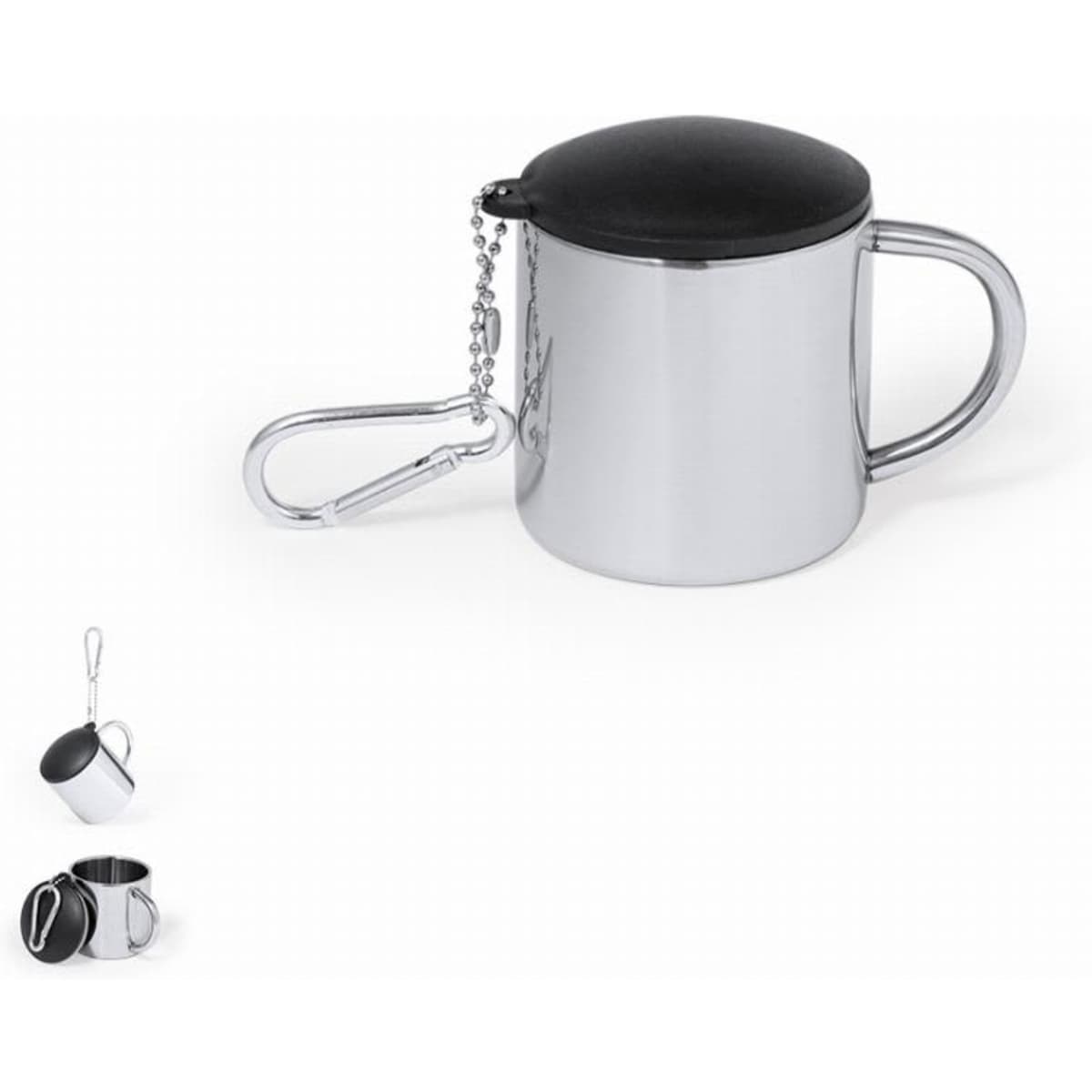 A drink bottle in a stainless steel finish with a black lid and a chain for attachment. It features a handle.
