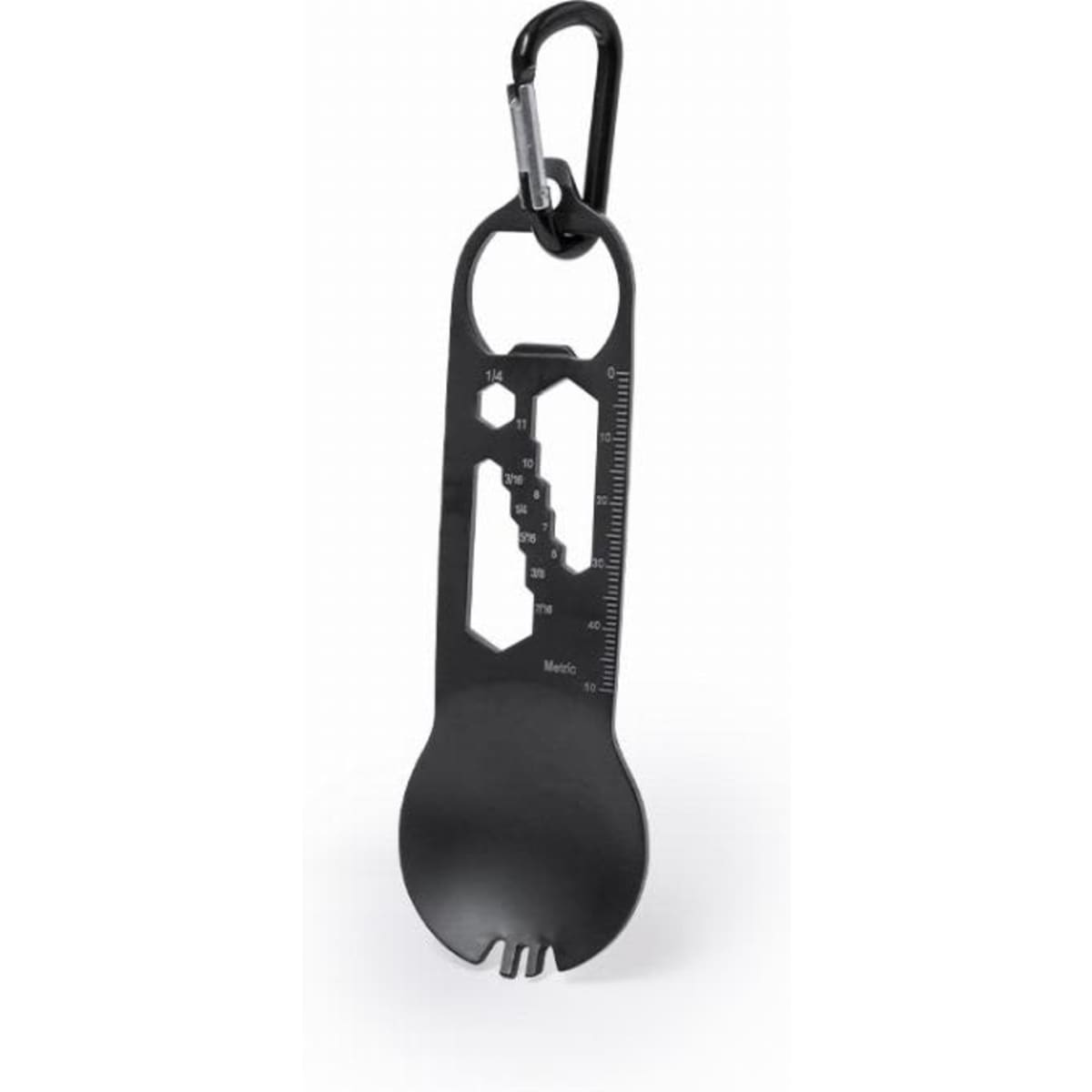 A multi-tool in black featuring a spoon, fork, and various measurement markings, complete with a carabiner for attachment.