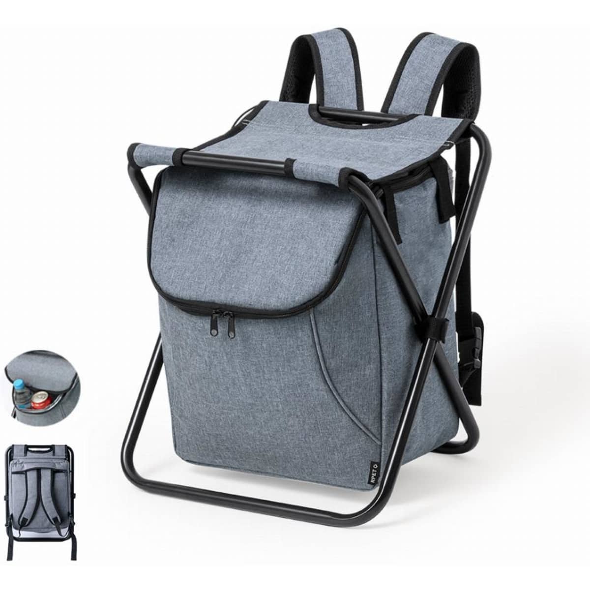 A backpack cooler in grey fabric with black accents and a foldable frame, featuring a top flap and side pockets.