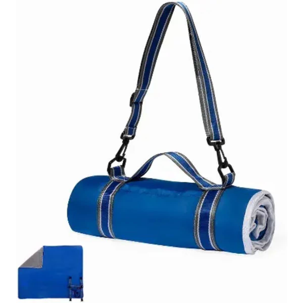 A rolled-up blue picnic blanket with a grey underside, featuring a shoulder strap and adjustable buckles.
