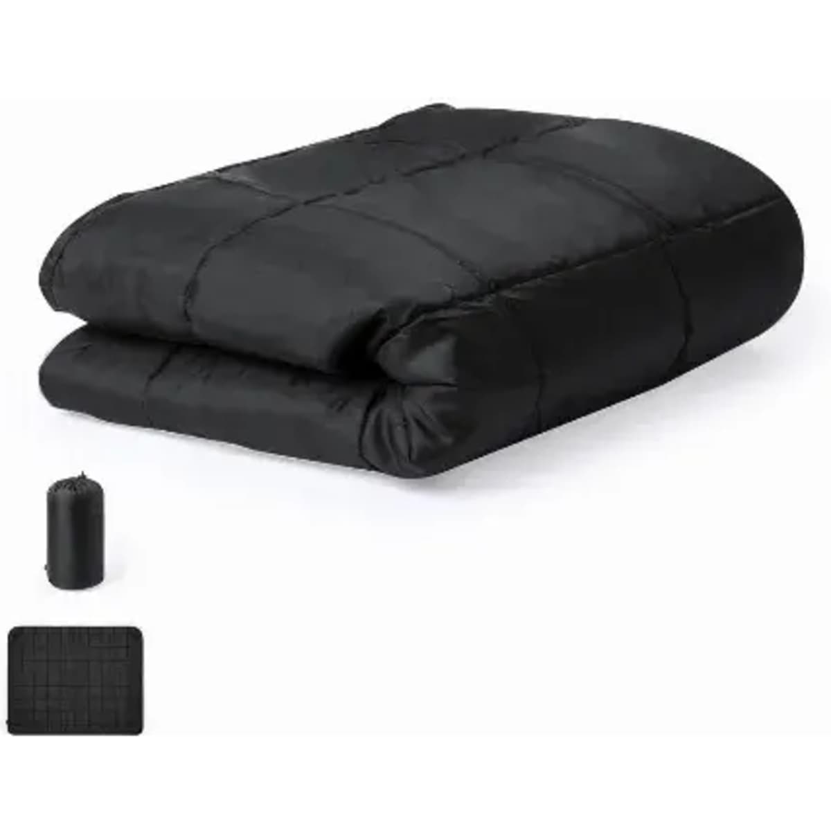 A black sleeping bag neatly folded, accompanied by a compact storage bag. The fabric has a quilted texture.