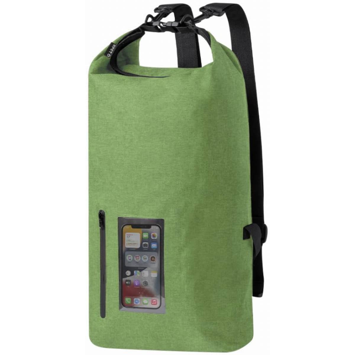 A green waterproof backpack with adjustable straps and a transparent pocket for a mobile device.