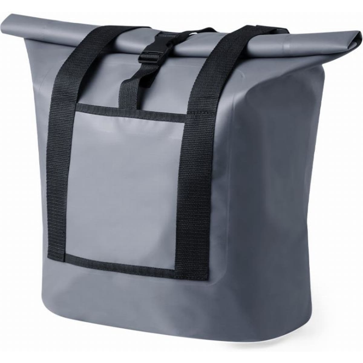 A grey waterproof bag with adjustable straps and a front pocket. It has a roll-top closure design.