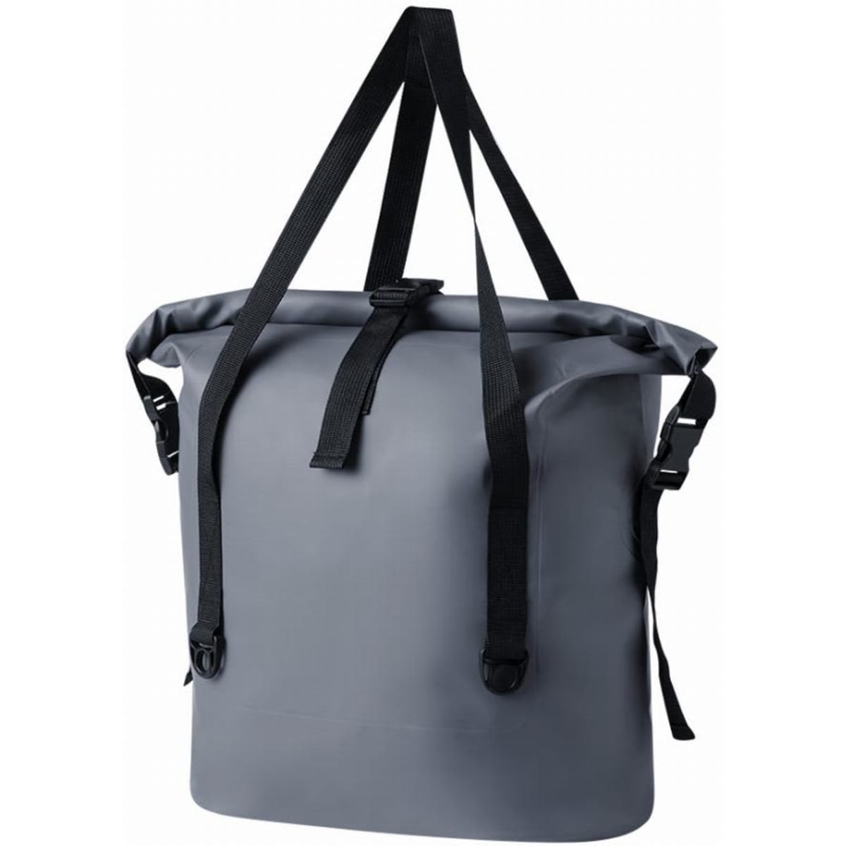 A grey waterproof bag with black straps, featuring a roll-top closure and adjustable shoulder straps.