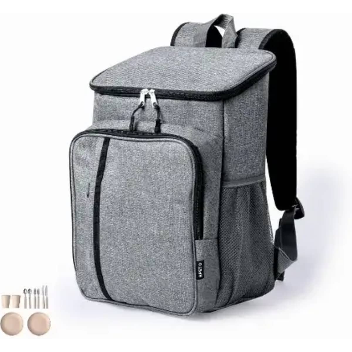 A grey backpack with a zip closure features one front pocket and adjustable straps. It includes utensils on the side.