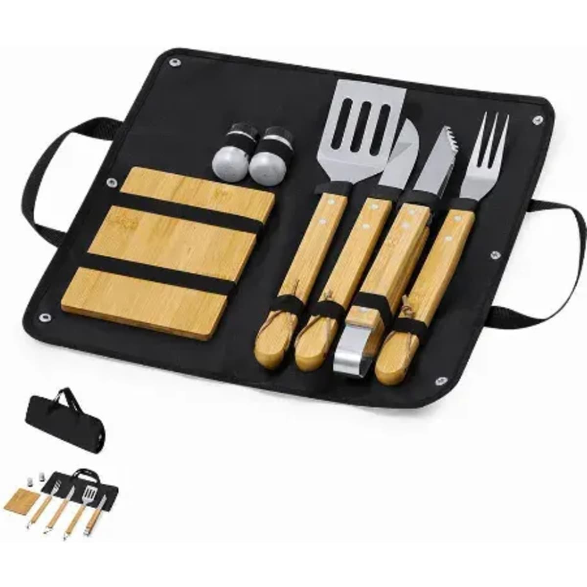 A barbecue utensil set with wooden handles, including a spatula, fork, knife, cutting board, and salt and pepper shakers, in a black carry case.