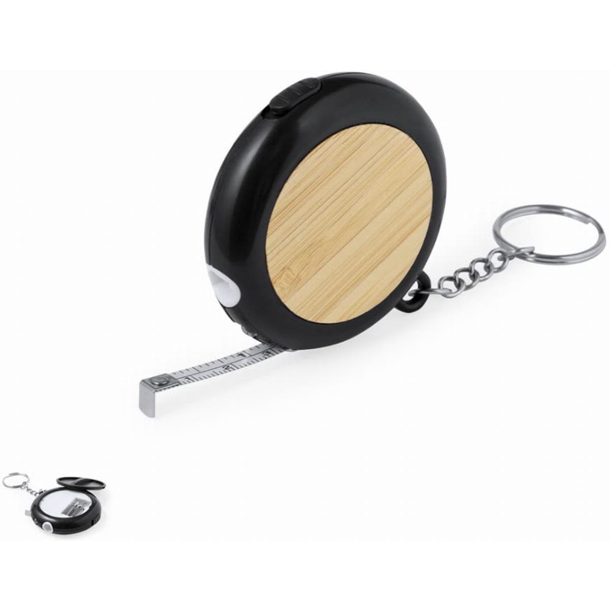 A black and bamboo tape measure with a keychain attachment, featuring a retractable measuring tape.