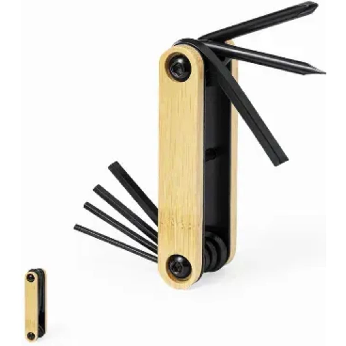 A multi-tool featuring black hex keys and a bamboo exterior, showcasing a compact design with several tool options.