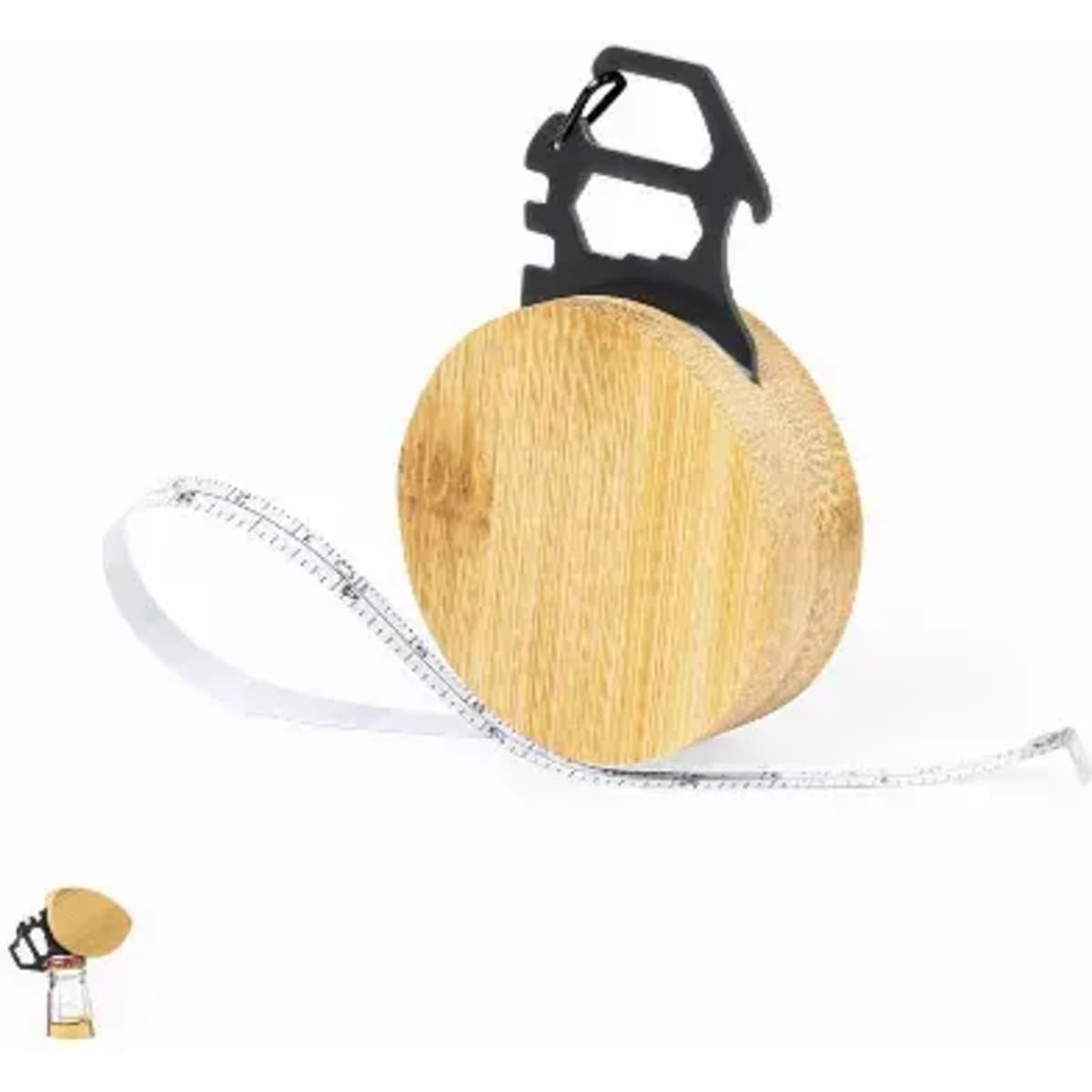 A measuring tape with a bamboo casing, featuring a black clip and a white measuring tape extending from it.