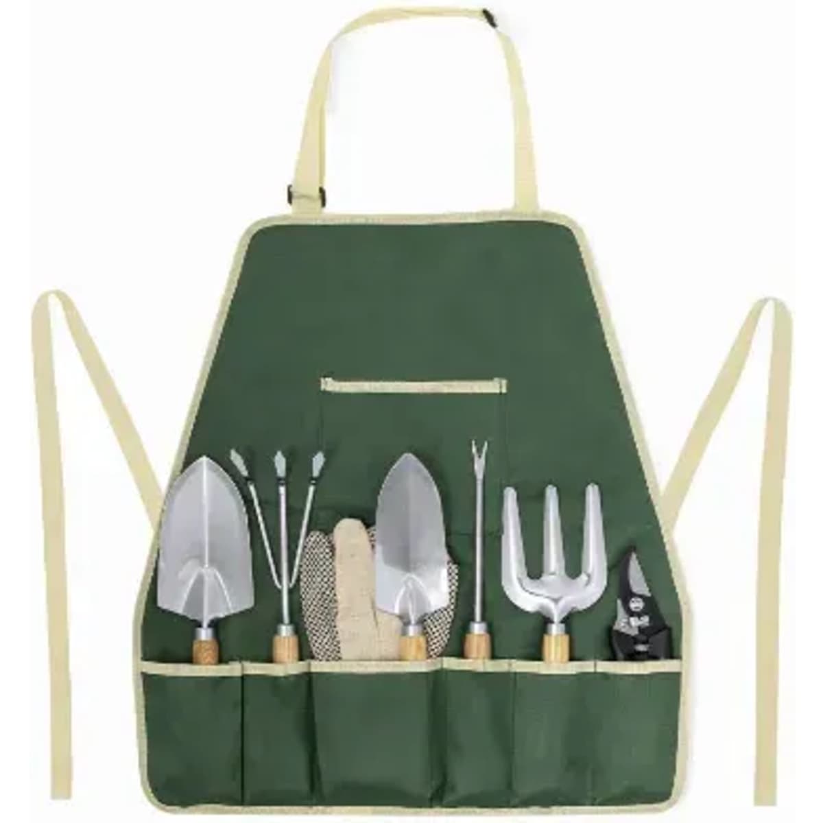 A gardening apron in green featuring several tools, including trowels, gloves, and a pruning shear, neatly arranged.