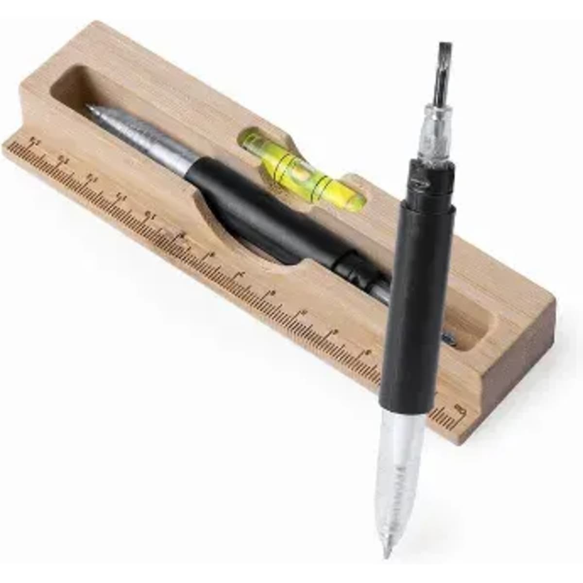 A wooden desk organiser containing a ruler, a pen, and a spirit level, featuring silver and black accents.
