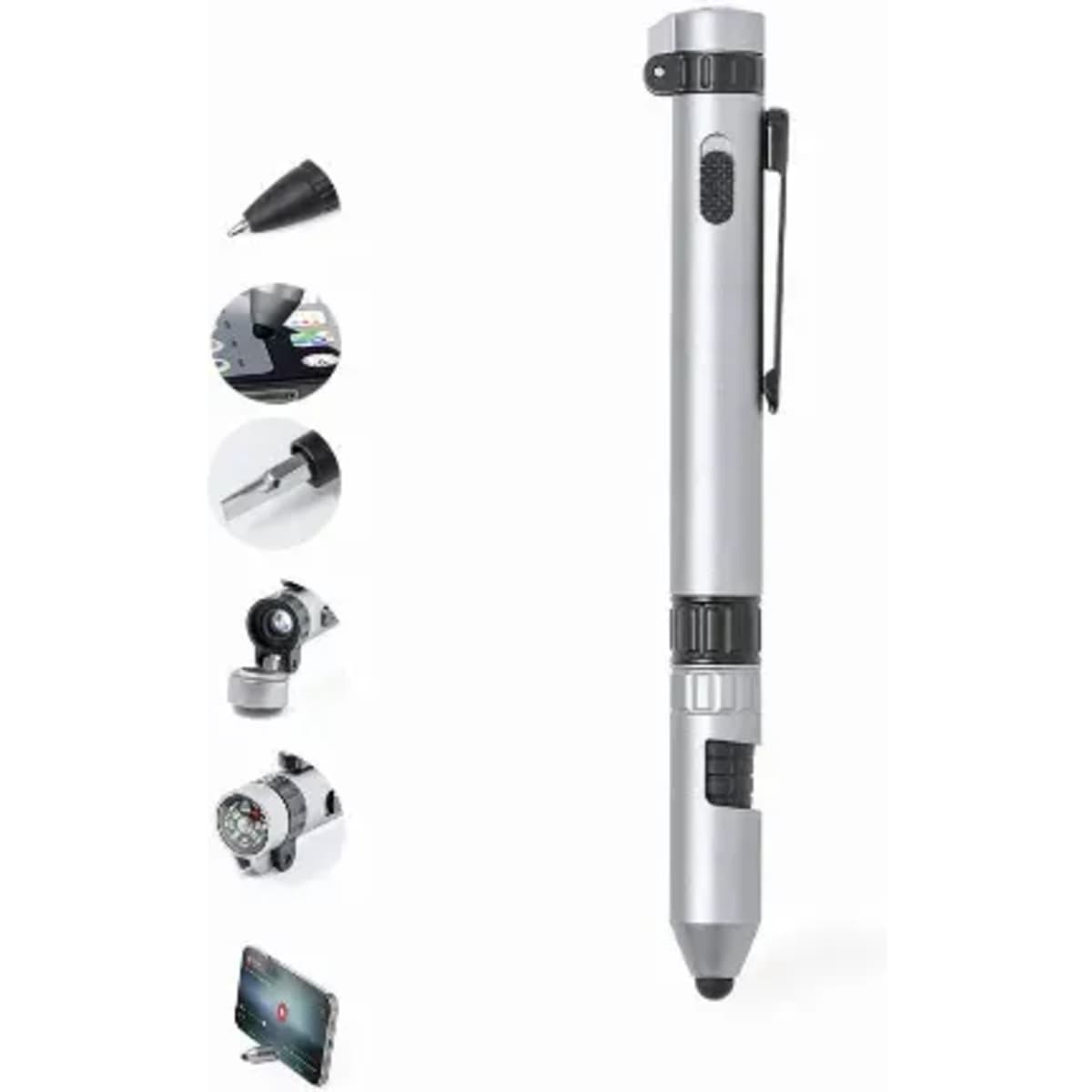 A multifunctional silver pen with features including a stylus, flashlight, and bottle opener. It has a clip for easy carrying.