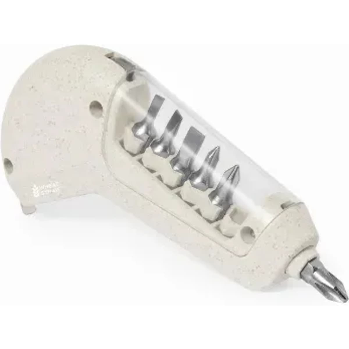 A screwdriver set with five interchangeable bits in a translucent, white handle. The handle features a contoured design.