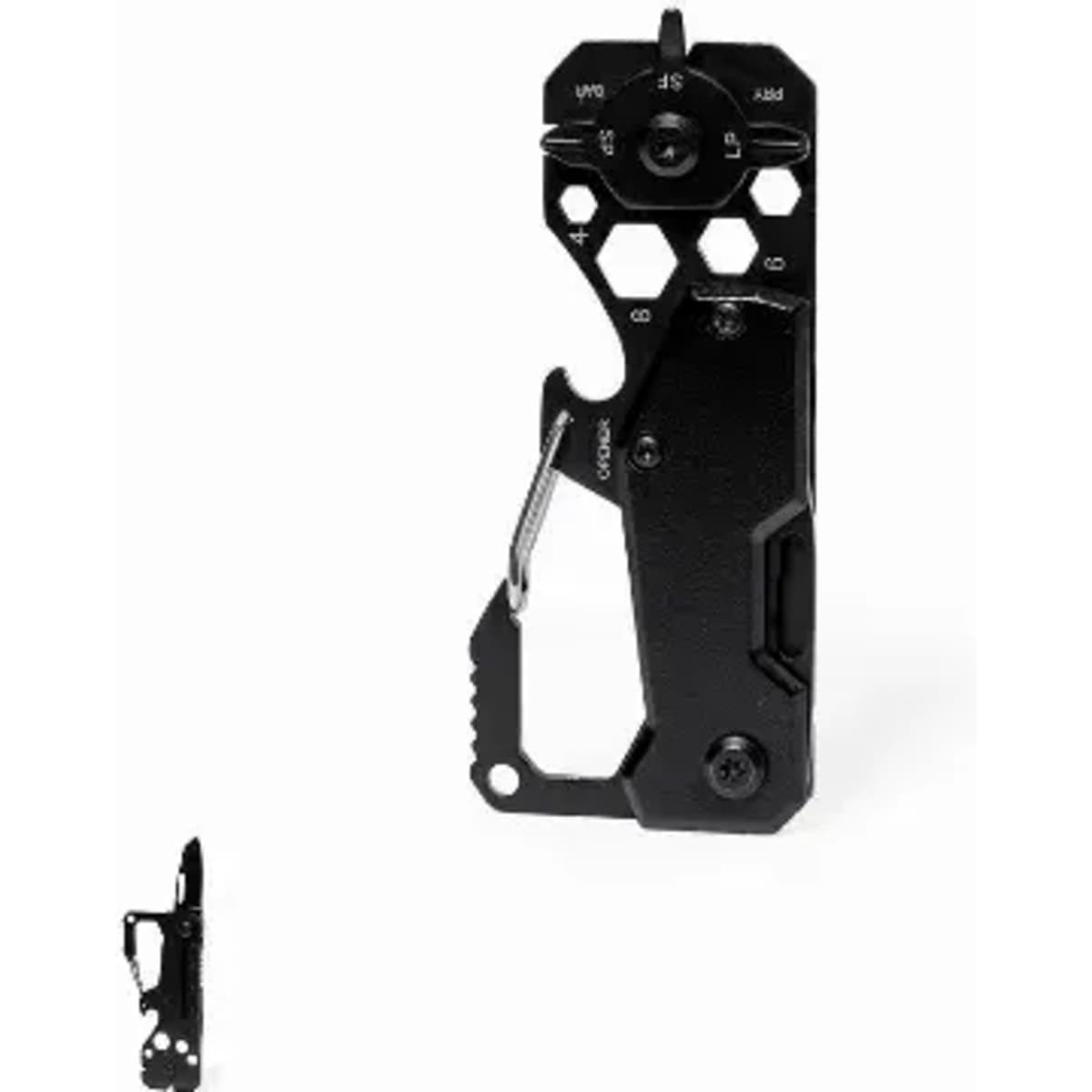 A multi-tool featuring a black design with various tools and a keyring attachment, including a hex wrench and screwdriver.