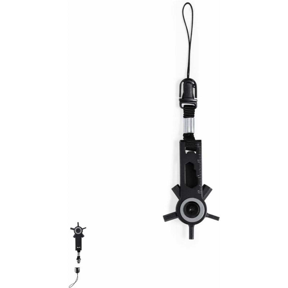 A black multi-tool with a retractable design and lanyard, featuring various functional elements.