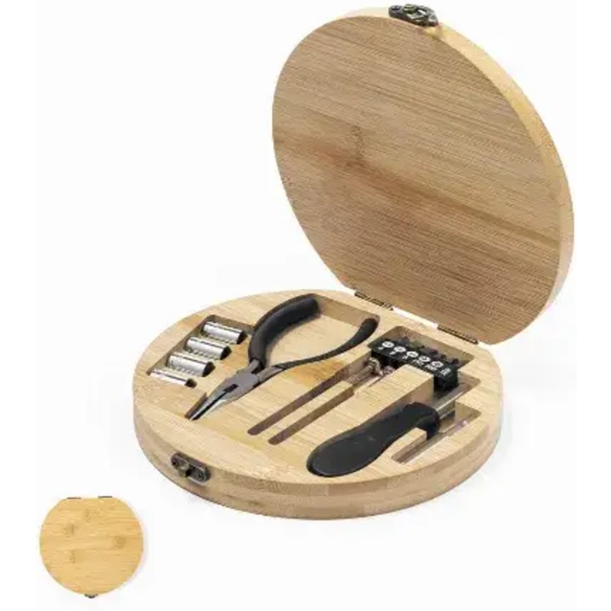 A round bamboo box opens to reveal tools including pliers and various bits for crafting or repairs.