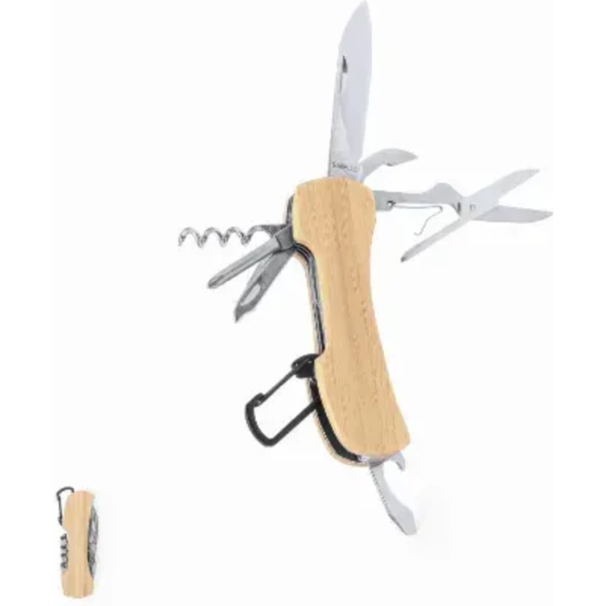 A multi-tool with a wooden handle, featuring a knife, scissors, corkscrew, and various other tools in stainless steel.