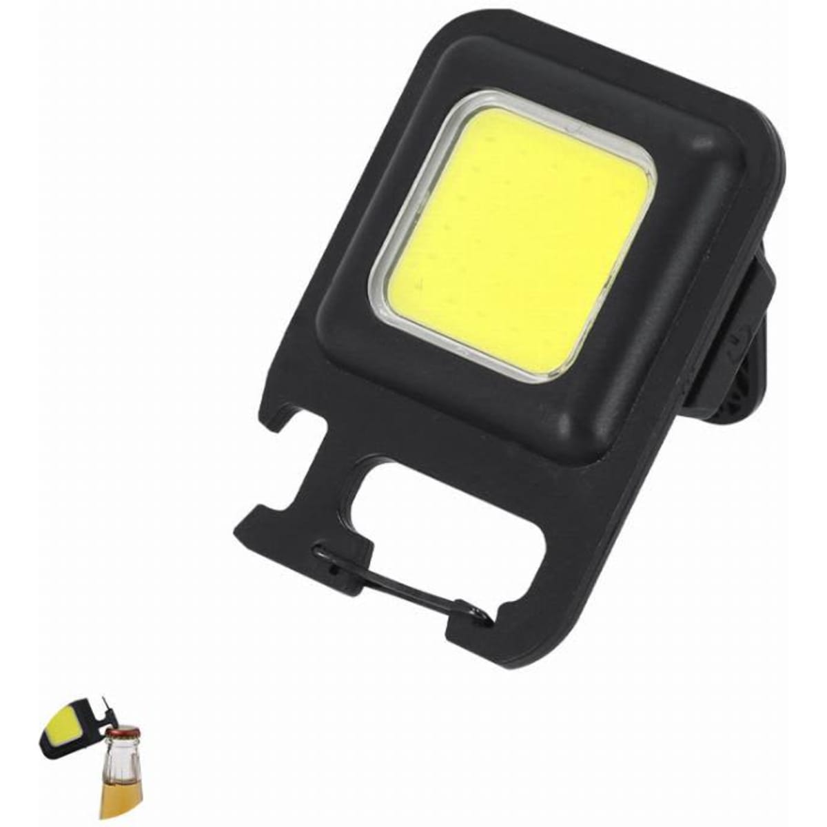 A portable work light with a yellow LED panel, encased in a black housing. It features a clip for attachment.