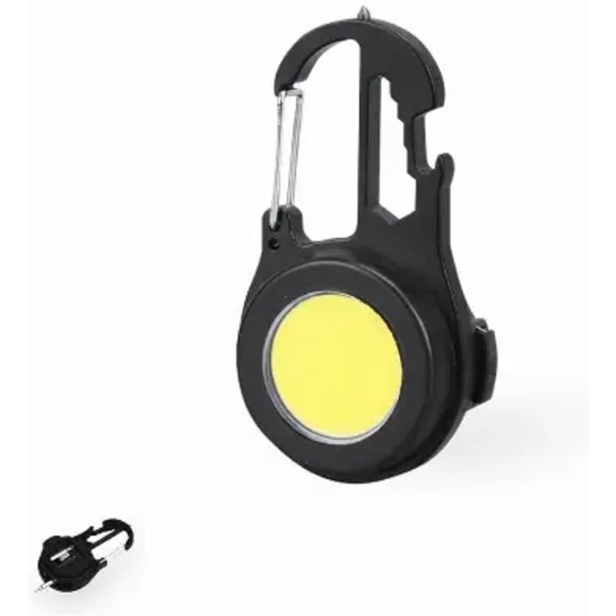 A black clip with a round yellow light. It features a carabiner-style attachment for easy accessibility.
