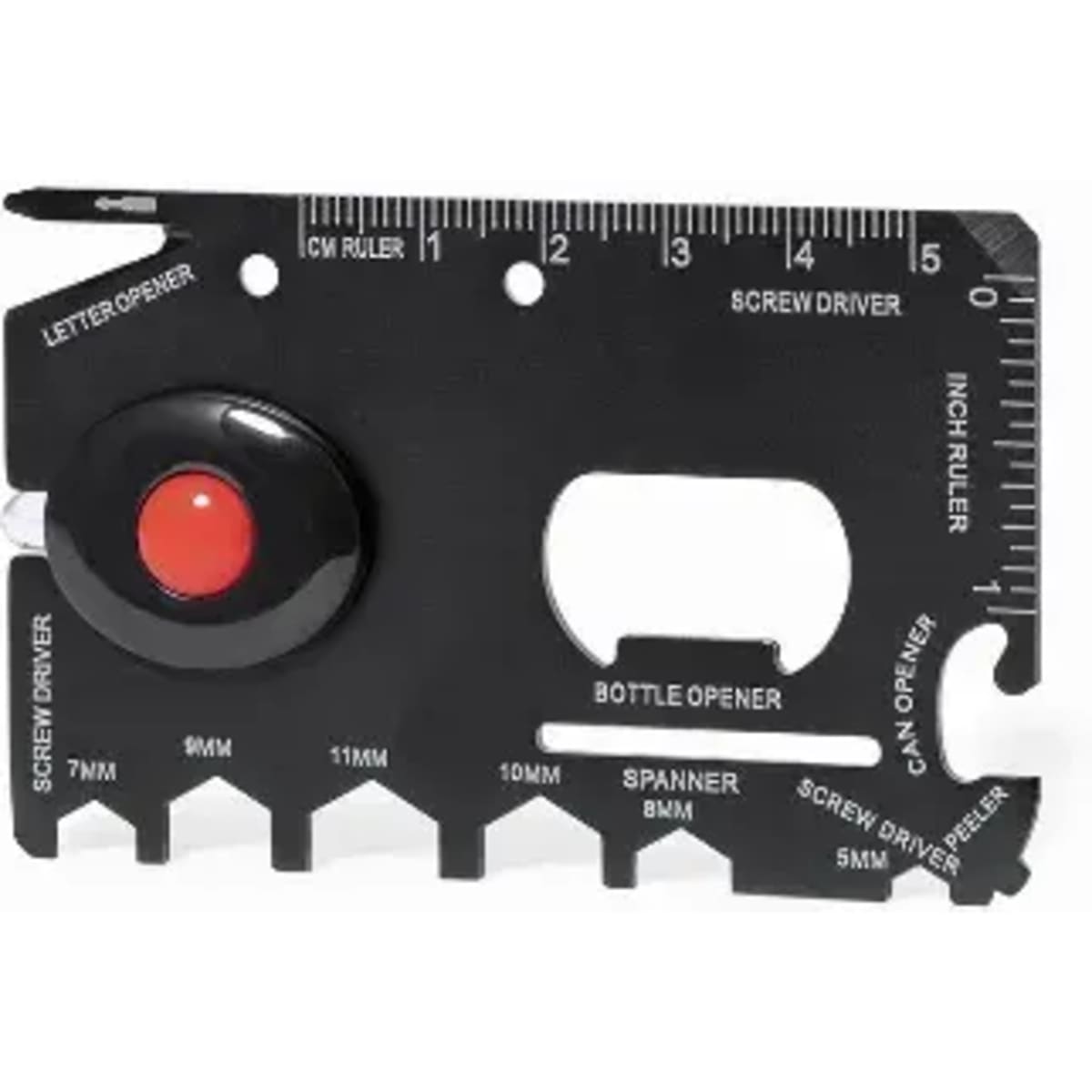 A black multi-tool with various functions including a bottle opener, ruler, and screwdrivers, featuring a red knob.
