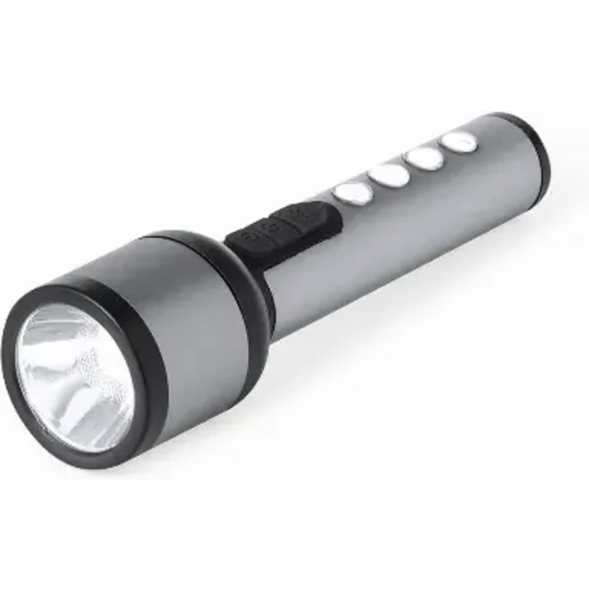 A flashlight in silver with a black handle and buttons, featuring a bright front lens.