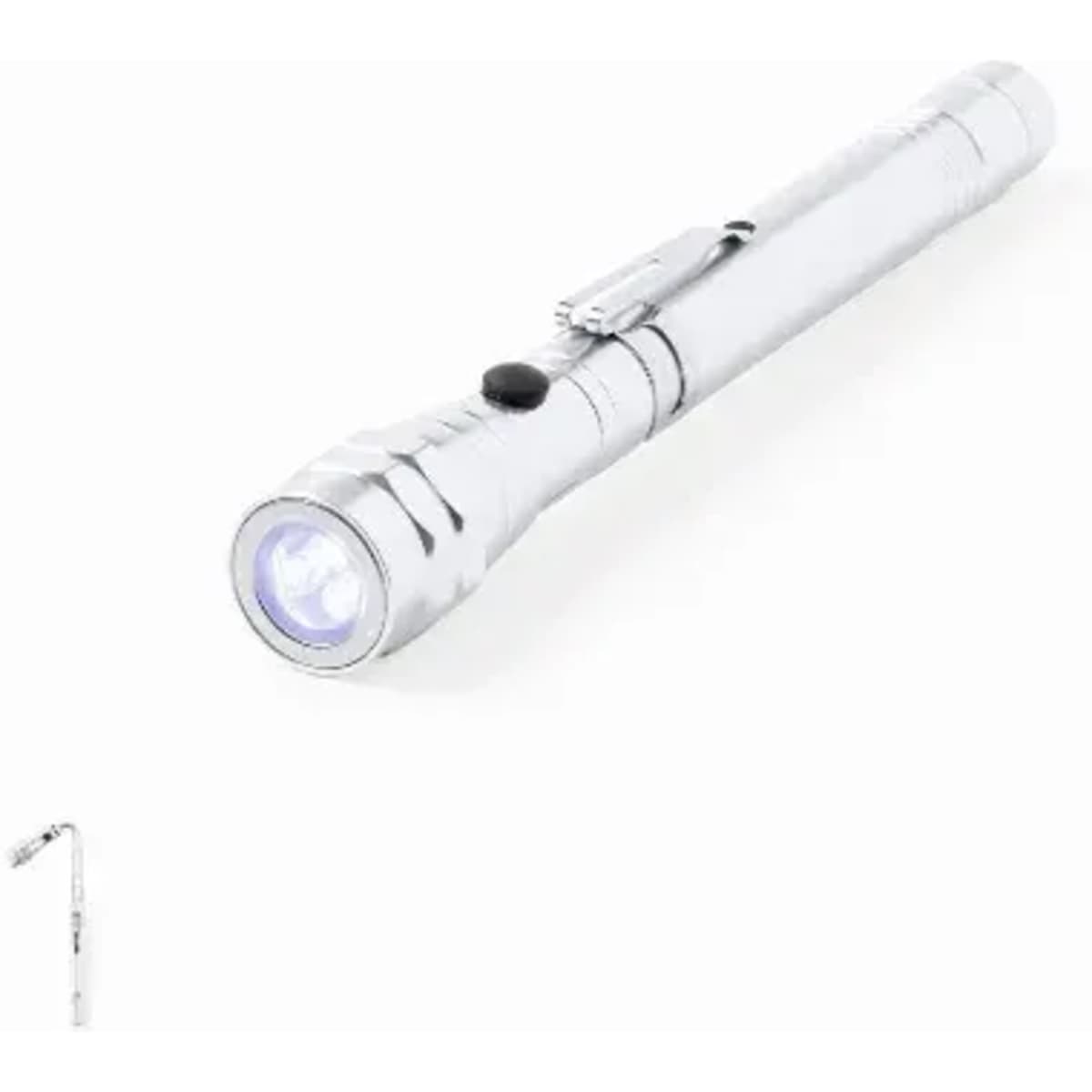 A silver torch with a clip and a blue LED light at the end. The design is sleek and compact.